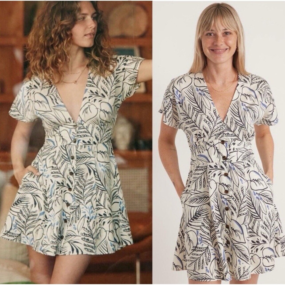 MARINE LAYER NWT Camila Mini Dress Blk Blue White Foliage Floral V-neck Small